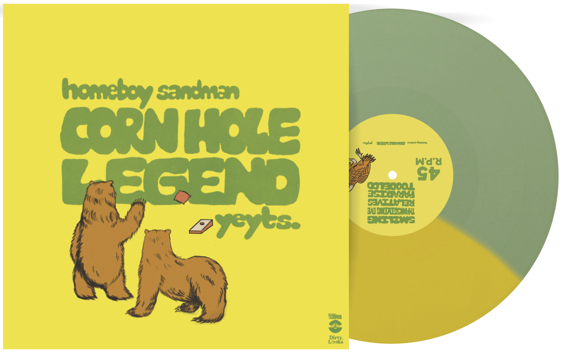 The left shows the album cover for homeboy sandman CORN HOLE LEGEND yeyts., with cartoon bears playing cornhole against a yellow and green background. The right shows the vinyl record for this album, also a split color design of light green and yellow.